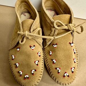 Tan Suede Moccasins with Beaded Design Minnetonka